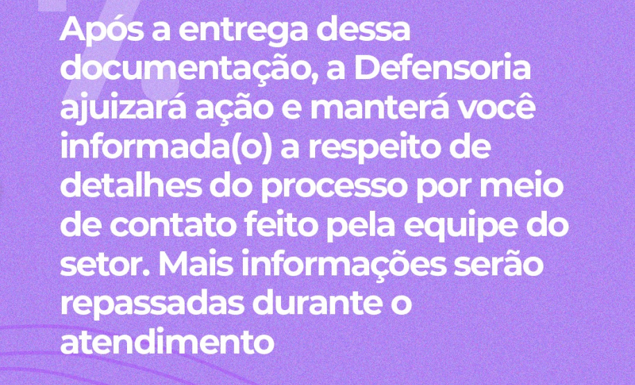 7. Após a entrega dessa documentação, a Defensoria ajuizará ação e manterá você informada(o) a respeito de detalhes do processo por meio de contato feito pela equipe do setor. Mais informações serão repassadas durante o atendimento.