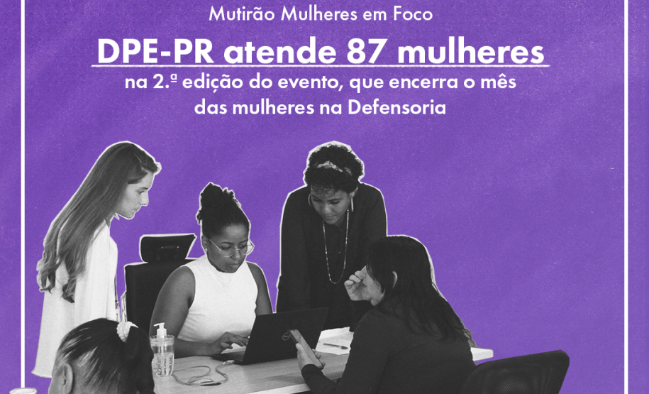 Imagem de duas mulheres sendo atendidas por duas assessoras jurídicas da Defensoria e uma Defensora Pública. As suas usuárias da Defensoria estão sentadas de frente para as assessoras e para a Defensora. As usuárias são mulheres brancas e idosas, já as assessoras são uma mulher negra, que esta sentada e usa um notebook para realizar o atendimento e uma mulher branca em pé ao lado esquerdo da mesa. Do lado direito, uma Defensora negra acompanha o atendimento. A imagem das mulheres esta recorta e o fundo é ro