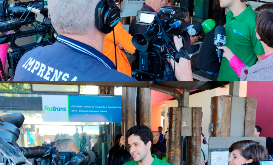 Imagem que mostra o defensor público Cainan Meira sendo entrevistado por diversas emissoras de TV.