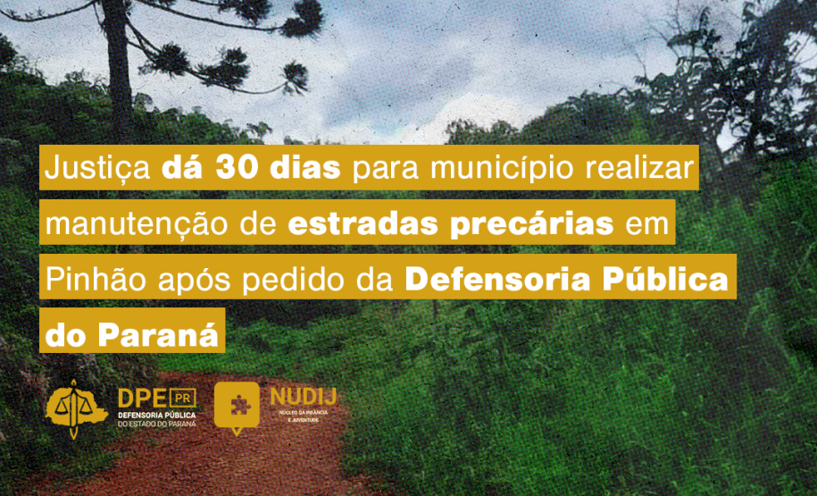 A imagem mostra um caminho de terra em uma área rural do Paraná, cercada por mato alto, em que ao fundo se vê uma araucária. No título está escrito: "Justiça dá 30 dias para município realizar manutenção de estradas precárias em Pinhão após pedido da Defensoria Pública do Paraná". O logo da Defensoria Pública e do Núcleo da Infância e Juventude estão posicionados logo após o título, na cor amarela.