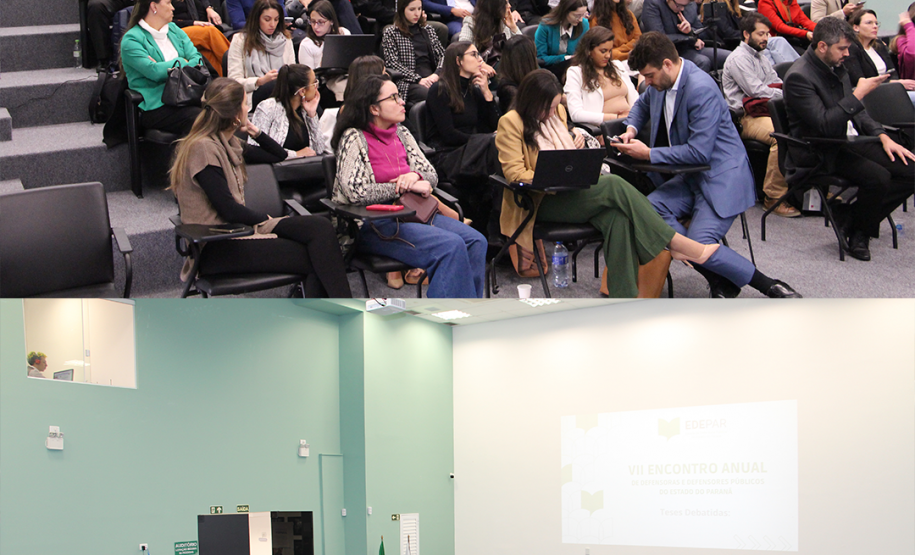 Imagem aberta mostrando o auditório todo lotado de defensores e defensoras públicas durante o evento.