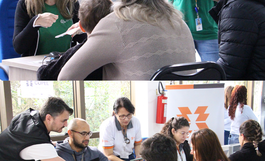 Imagem dividida em duas, onde, a parte de cima, mostra um atendimento da Defensoria Pública durante o mutirão. A parte de baixo da imagem mostra um atendimento da Copel.