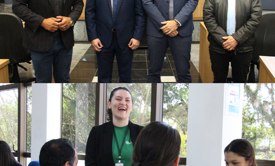 Imagem dividida em duas, onde, a parte de cima, mostra, ao centro, o presidente da Câmara Municipal de São José dos Pinhais, Allax Siqueira, ao lado do defensor público Matheus Munhoz. A parte de baixo da imagem mostra um atendimento da Defensoria Pública.