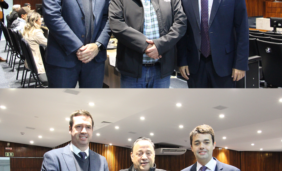 Imagem com foto do Defensor Público-Geral do Paraná, André Ribeiro Giamberardino, do defensor público do Paraná Matheus Munhoz e do deputado estadual do Paraná Hussein Bakri.