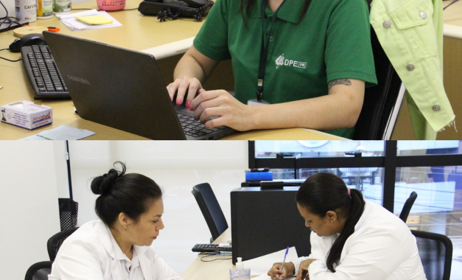 A primeira imagem mostra uma servidora da Defensoria ao computador. A segunda imagem mostra duas mulheres a uma mesa, preenchendo documentos