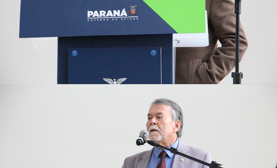 Imagem em formato de colagem onde mostra uma foto em cima da outra, tanto quanto na imagem superior e na inferior, são dois homens discursando.