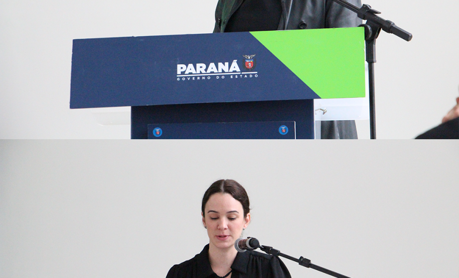 Imagem em formato de colagem onde mostra uma foto em cima da outra, tanto quanto na imagem superior e na inferior, são duas mulheres discursando.