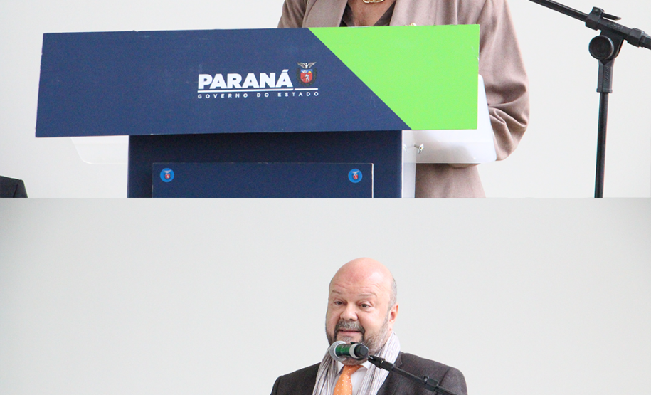 Imagem em formato de colagem onde mostra uma foto em cima da outra, na imagem superior mostra uma mulher discursando enquanto na imagem inferior, é um homem.