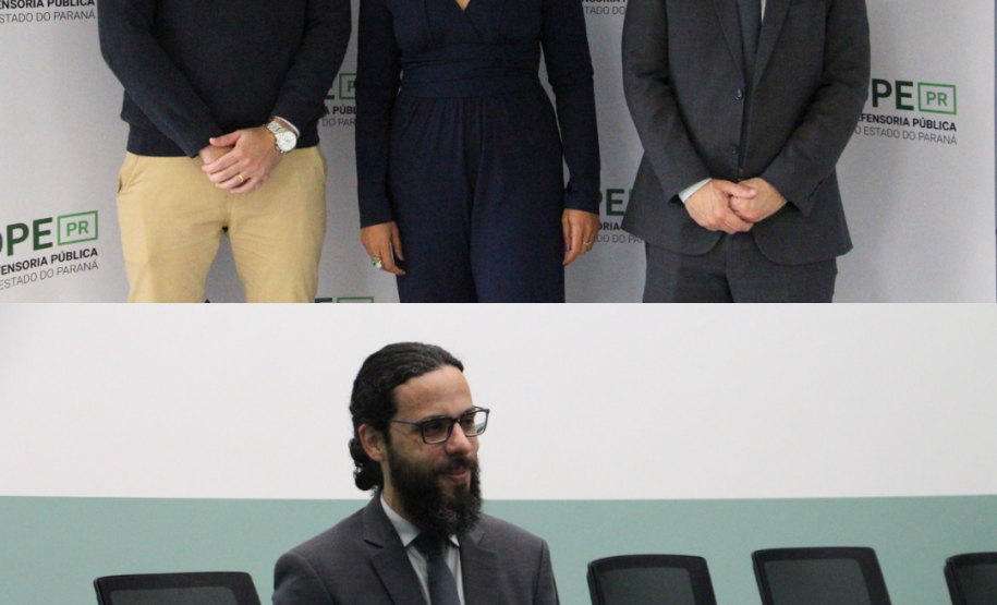 A primeira imagem mostra três pessoas olhando para a câmera e sorrindo. A segunda mostra um homem sorrindo e olhando para a frente.