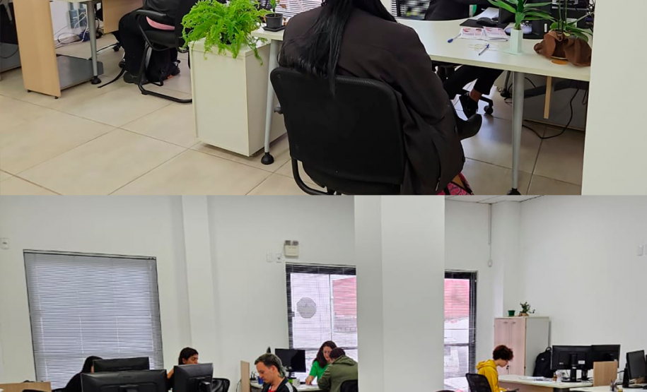 Imagem dividida em duas que mostram a sala de atendimentos de dois ângulos diferentes.