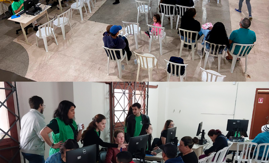 Imagem em formato de colagem, contendo duas imagens uma em cima da outra. Na foto de cima, mostra uma visão ampla do salão de atendimentos e na foto inferior, uma visão mais direcionada do atendimento.