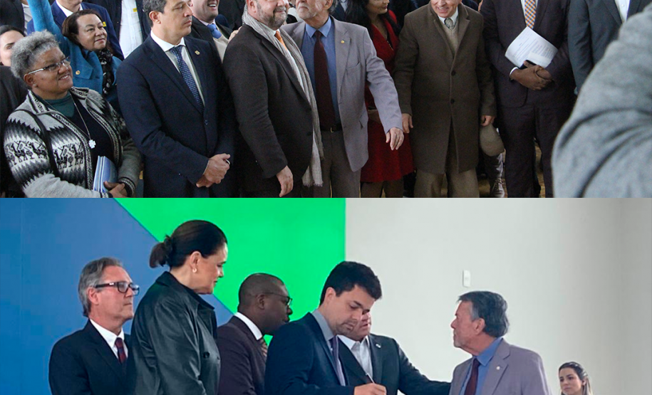 Imagem em formato de colagem onde mostra uma foto em cima da outra, na imagem superior mostra uma visão ampla das pessoas presentes durante a assinatura do termo, e na imagem inferior, uma visão detalhada do momento em que o Defensor Público-Geral assina o termo.