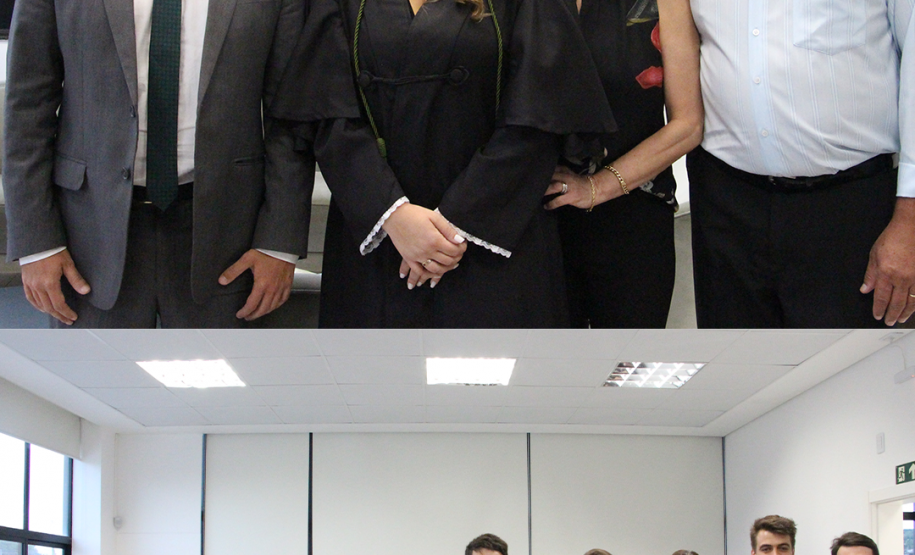 Imagem que mostra dois momentos: a nova defensora pública, Gabriela Vizel Gomes, com os pais e o defensor público geral do Paraná e a nova defensora com os membros e membras da administração superior da Defensoria.