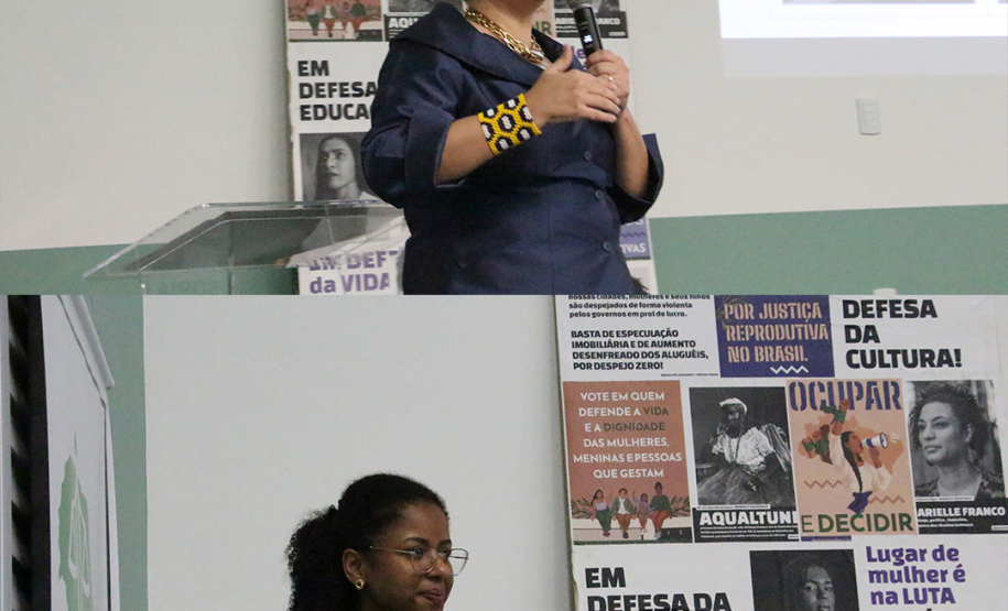 Imagem em formato de colagem, na foto de cima, está a juíza de Direito de Ponta Grossa, Laryssa Angélica Copack Muniz, palestrando. Na foto abaixo, está a secretária executiva do Núcleo de Promoção e Defesa dos Direitos das Mulheres, a Damares, palestrando.