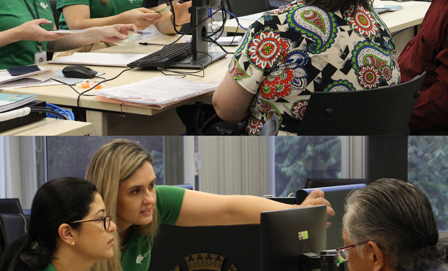 Colagem de duas imagens de atendimento. Na primeira, que está acima, duas assessoras da Defensoria prestam atendimento a um casal de idosos. Na segunda, abaixo, outras duas assesoras prestam atendimento a um homem idoso.