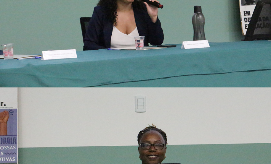 Imagem em formato de colagem, na foto de cima, está a advogada e mestranda em Direitos Humanos e Democracia pela UFPR, Nahomi Helena de Santana, palestrando. Na foto abaixo, está a presidenta do Conselho Estadual dos Direitos das Mulheres do Paraná e membra da Rede de Mulheres Negras do Paraná, a Ivanete Xavier, sorrindo enquanto palestra.