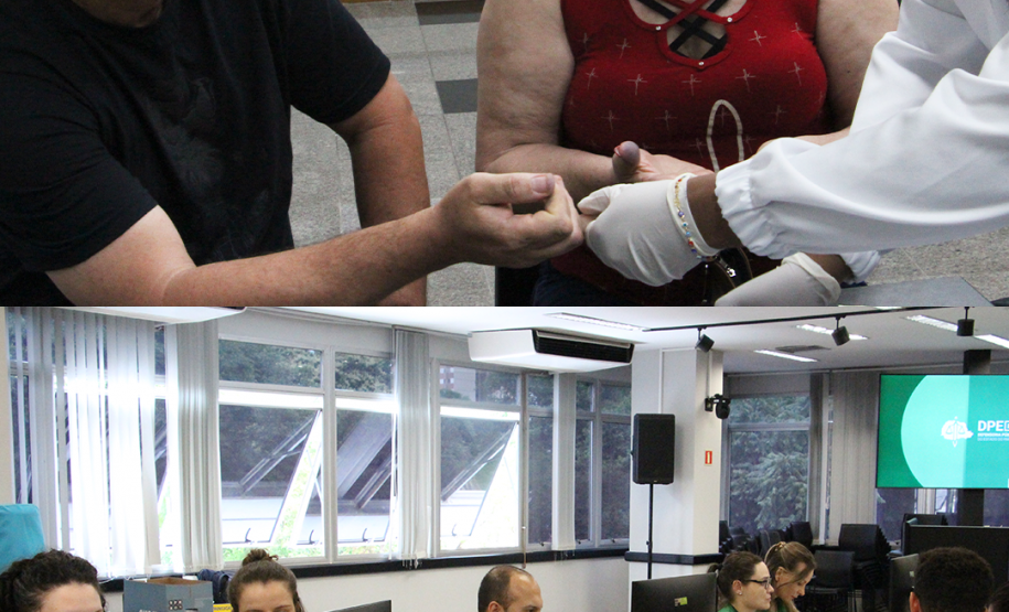 Imagem com duas fotos: acima, assistidos fazem exame de coleta de DNA para teste de maternidade; abaixo, equipe da DPE-PR em atendimentos durante o mutirão.