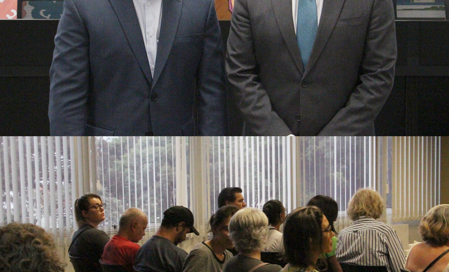 Imagem com duas fotos: acima, o defensor público-geral, André Ribeiro Giamberardino, e o presidente da Câmara Municipal de Curitiba, Marcelo Fachinello; abaixo; pessoas aguardam atendimento no mutirão.