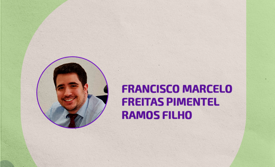 Imagem com fundo em verde claro e textura de papel com algumas linhas orgânicas em um verde mais escuro. Ao centro, um balão de fala em tom de bêge. No balão, uma foto do defensor Marcelo Pimentel, ao lado de seu nome.