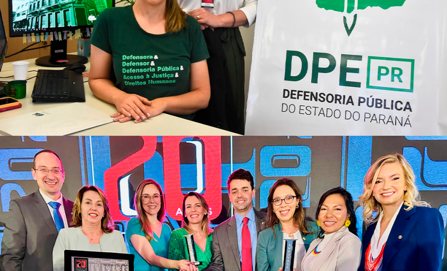 Imagem com duas fotos: acima, a assistente social Nilva Maria Rufatto Sell e a defensora pública Mariela Reis Bueno, na sede da DPE-PR em Guarapuava; abaixo, representantes de defensorias públicas de diferentes estados do Brasil durante a 20ª edição do Prêmio Innovare, em Brasília.