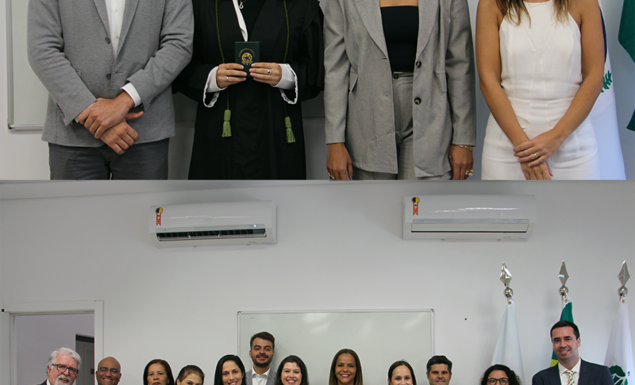 Imagem em formato de colagem, na imagem acima, estão posando para um retrato o Segundo Subdefensor Público-Geral Bruno Müller, ao seu lado direito, a nova Defensora Pública Mariane Guimarães e ao lado dela, está a Primeira Subdefensora Pública-Geral Olenka Lins e por fim, a Chefa de Gabinete da Defensoria Pública-Geral Lívia Martins. Na imagem abaixo, uma foto paisagem da família e amigos de Mariane Guimarães junto ao seus novos colegas de trabalho.