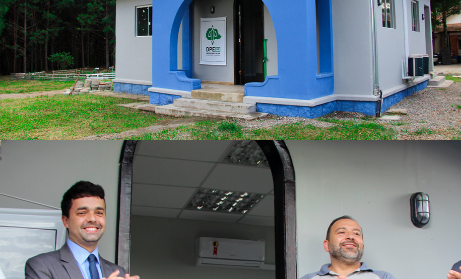 Imagem com duas fotos: acima, o posto de atendimento da DPE-PR; abaixo, representantes de instituições do Poder Público.