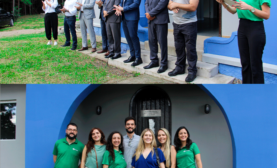 Imagem com duas fotos: acima, representantes de instituições do Poder Público; abaixo, equipe de execução penal da DPE-PR.