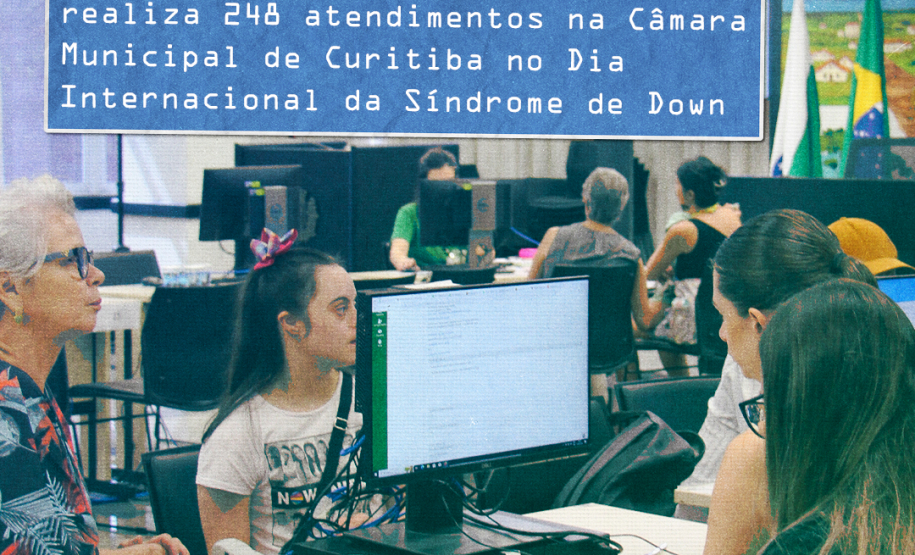 Imagem que consiste em uma foto de atendimento para uma família com uma jovem com Síndrome de Down para plano de fundo, a foto está um efeito que a deixa meio esverdeada, a foto também contém texturas de papel. Em maior destaque, no meio da foto, está o título da matéria.
