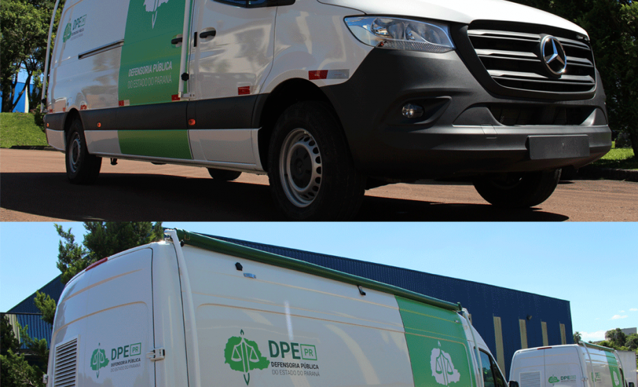 A imagem está dividida em duas partes: a superior mostra a van de frente e a inferior mostra duas vans de trás.
