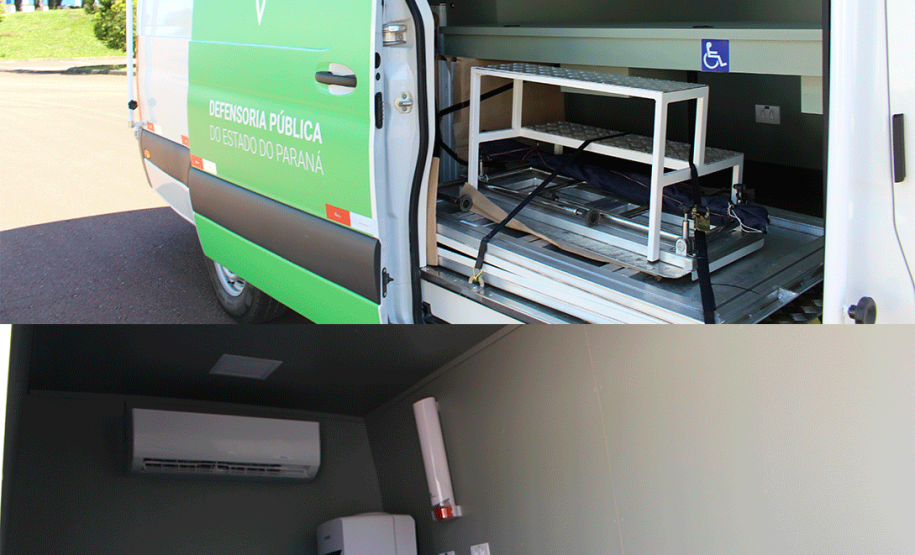 A imagem está dividida em duas partes: a superior mostra a van de porta aberta e os itens guardados no interior. A inferior, mostra o interior da van e contém um bando, mesa e bebedouro.