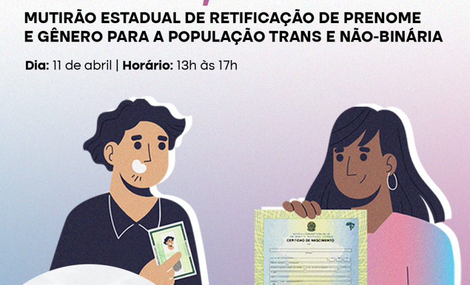 Imagem que, na parte de baixo, do lado esquerdo, mostra o desenho de um homem segurando um RG e, do lado direito, mostra o desenho de uma mulher segurando uma certidão de nascimento. Bem acima na imagem, estão logotipos da Defensoria, dos Ministério dos Direitos Humanos e da Cidadania e do Governo Federal. Abaixo dos logos está escrito Meu Nome, Meu Direito, mutirão de retificação de prenome e gênero para a população trans e não-binária, e, na sequência, as informações de dia e horário dos mutirões.