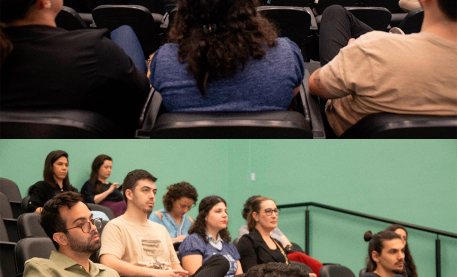 Imagem com duas fotos: em ambas, o público participante assiste à palestra do desembargador Marcelo Semer.