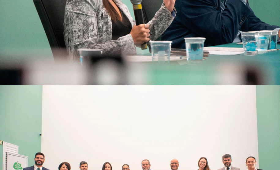 Imagem com duas fotos: acima, o desembargador Marcelo Semer e a defensora pública Gabriela Schirmer; abaixo, representantes da DPE-PR ao lado dos palestrantes.