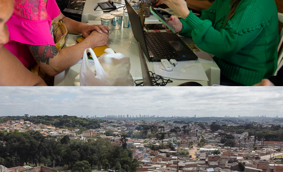 Duas imagens. Na de cima de vê a equipe da Defensoria prestando atendimento à população. Na imagem de baixo se vê a vista aérea da comunidade.