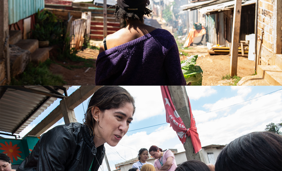 Duas imagens. Na de cima se vê moça carregando um balde com verduras equilibrado na cabeça. Na de baixo servidora da Defensoria distribui senhas de atendimento à população.