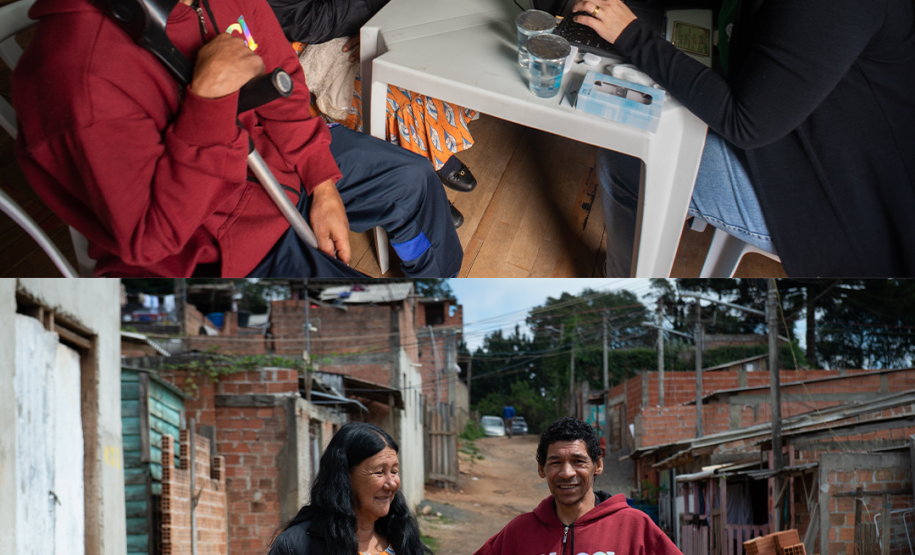 Duas imagens. Na de cima se vê um casal recebendo atendimento no mutirão e na de baixo o casal chegando ao local do atendimento.