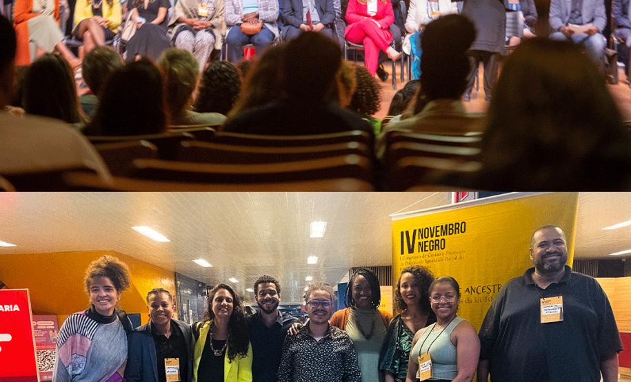 Duas imagens coloridas sobre postas. Na de cima se vê as autoridades no palco durante o evento. Na de baixo se vê Servidores e Defensores Públicos da DPE-PR presentes no evento.