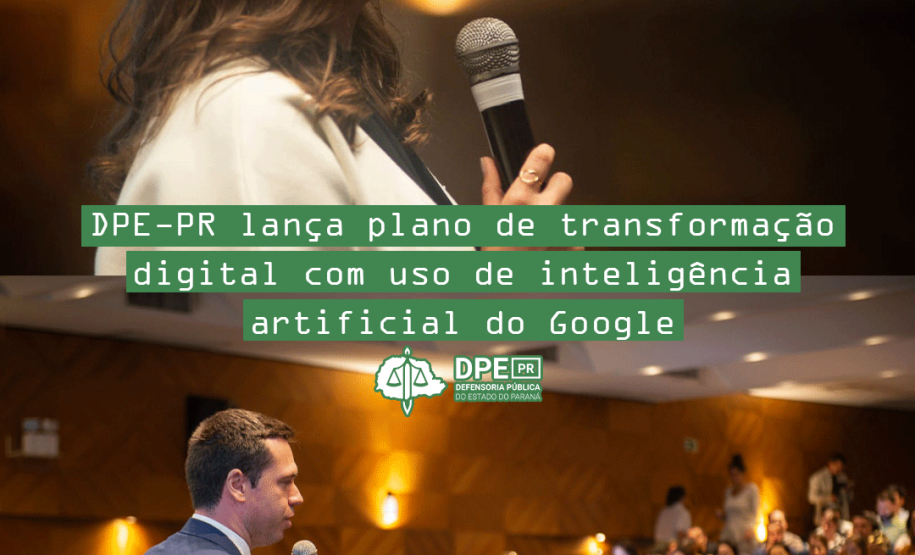 Imagem com uma foto da palestrante do Google e do defensor Público-geral durante palestra do Google. Sobre as imagens, o título da matéria.