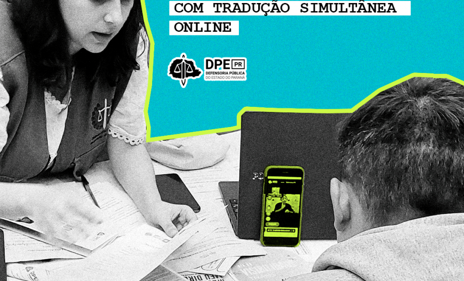 Arte sobre imagem mostra atendimento de assistido da DPE-PR em Libras utilizando a plataforma Icon.