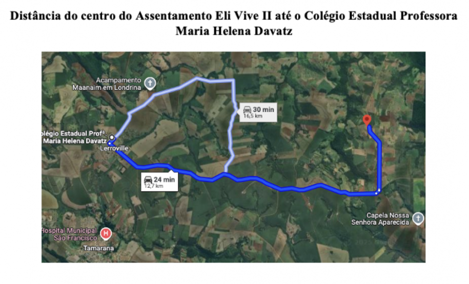 Imagem que mostra a distância do assentamento até o Colégio Estadual Maria Helena Davatz.