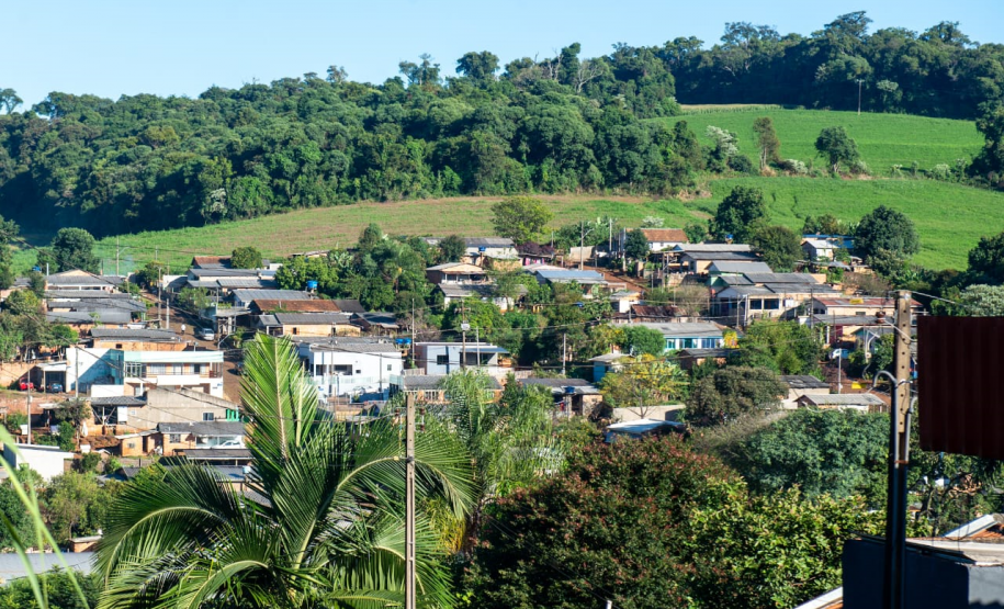 Imagem que mostra uma vista panorâmica do bairro São João, em Pato Branco. As casas são simples, com telhados variados em tons de cinza e marrom, e estão dispersas entre a vegetação exuberante, incluindo árvores altas e palmeiras em primeiro plano. As colinas ao fundo são cobertas por uma mistura de floresta densa e áreas de pastagem mais claras. A luz do sol incide sobre a cena, realçando as cores da natureza e as construções.