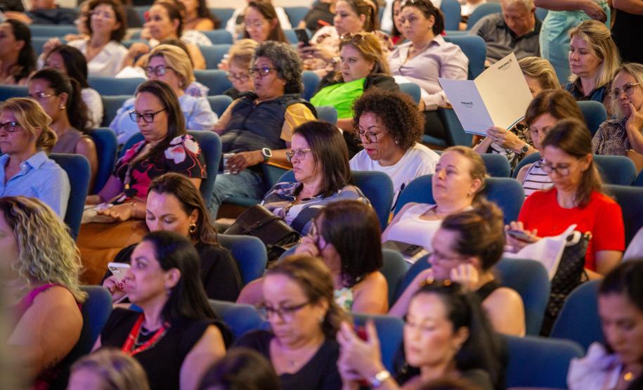 Imagem horizontal colorida de um palco em que se vê o público presente na oficina de capacitação sobre o Projeto Ampara da DPE-PR.