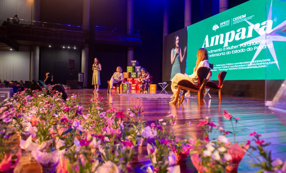 Imagem horizontal colorida de um palco onde é realizada uma oficina de capacitação sobre o Projeto Ampara da DPE-PR.