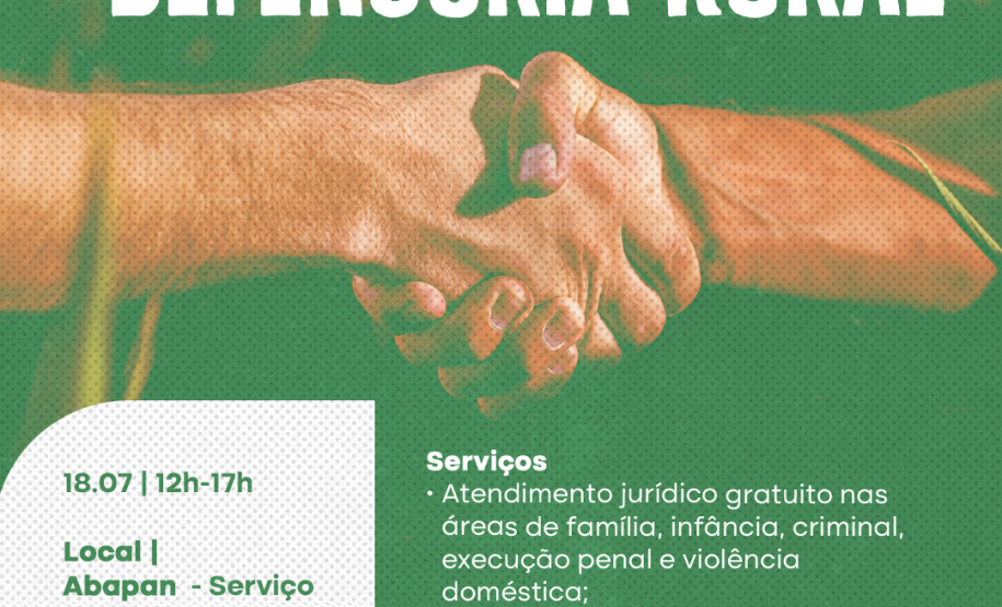 Cartaz onde se vê um aperto de mãos em close e as informações da primeira edição do projeto Defensoria Rural em Castro.