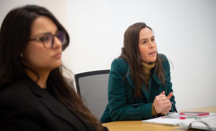 A segunda subdefensora Thaisa fala durante a reunião de captação de recursos.