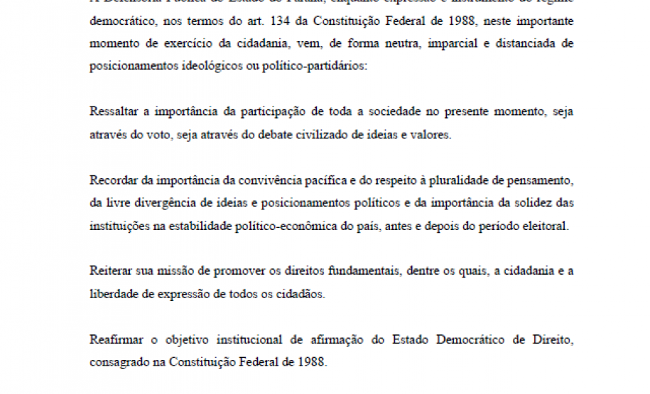 Defensoria Pública do Estado do Paraná emite nota pública sobre as eleições A imagem consiste de uma cópia da nota pública.