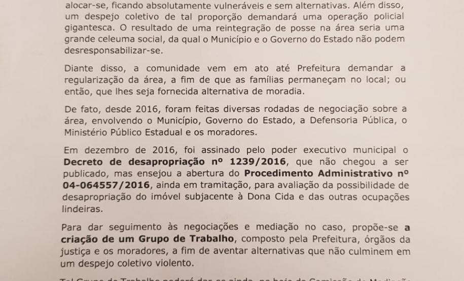 Famílias da Comunidade Dona Cida se mobilizam contra reintegração de posse da área Carta de Reivindicação da Comunidade Dona Cida