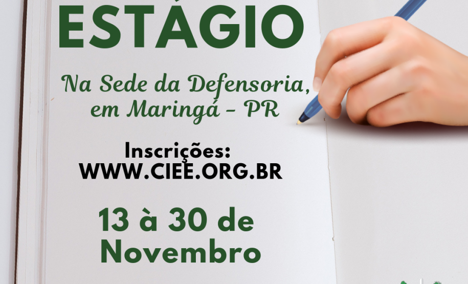 #LEGENDAACESSÍVEL #DPPR: A imagem consiste de um livro aberto com folhas brancas, nessas estão inseridas algumas informações sobre a vaga de estágio, e no canto superior direito vemos uma mão segurando uma caneta bem próxima a uma das folhas. No canto inferior direito, temos a logo da DPPR.