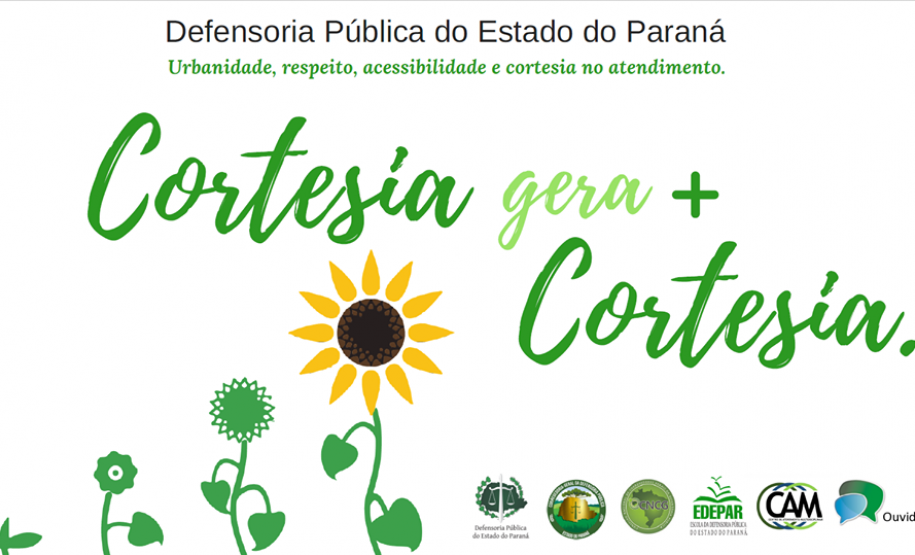a imagem possui fundo branco e um girassol em seu centro. No seu lado direito, estão as versões ainda "não crescidas" do girassol e no lado esquerdo, na parte de baixo, as logo da DPPR, EDEPAR, Ouvidoria, CAM, Corregedoria Geral e CNCG. 
Na parte superior temos os escritos "Defensoria Pública do Estado do Paraná" em preto, "Urbanidade, respeito, acessibilidade e cortesia no atendimento" em verde um pouco mais destacado e "Cortesia gera + Cortesia" na parte central da imagem.