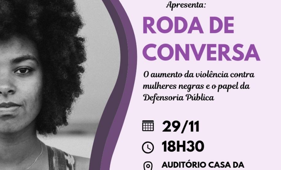 Do lado direito do cartaz de divulgação do evento temos o retrato de um mulher negra (vemos apenas metade dessa imagem, pois ela foi "cortada" no meio). No lado direito temos um fundo lilas, com uma borda roxa para o retrato da mulher. 
No canto central e superior da parte lilas, temos a logo do NUDEM, no canto inferior direito dessa mesma parte, a logo da DPPR.
Na parte central do fundo lilas temos as informações do evento (título, subtítulo, data, horário e local)